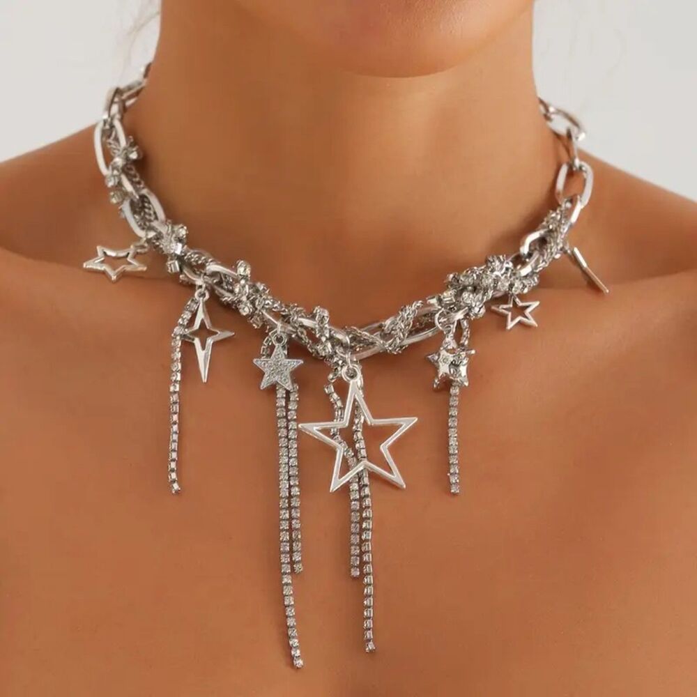 Party Festival Rave Punk Silver Star Dangle Chain Necklace with Tassel - Picture 5 of 7